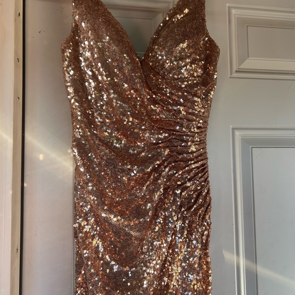 Sequin V-Neck Ruched Evening Dress - Rose Gold
